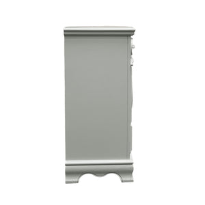 Primrose Gray Dresser with Floral Accent Gray cabinet with decorative elements on a white background