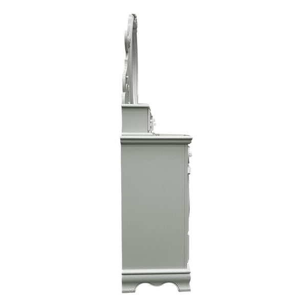 Primrose Gray Dresser with Floral Accent White bathroom cabinet with a mirror on a white background