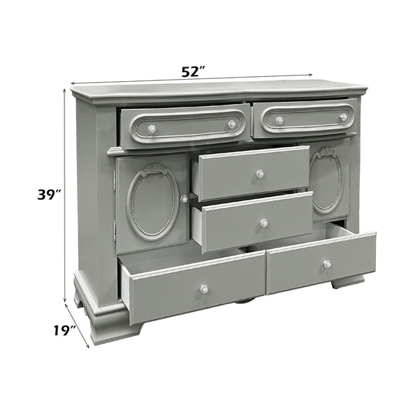 Primrose Gray Dresser with Floral Accent A gray three-drawer dresser with dimension labels showing 52 inches wide, 39 inches high, and 19 inches deep, on a white background.