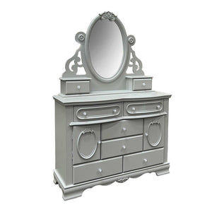 Primrose Gray Dresser with Floral Accent A light gray ornate dresser with an oval mirror, featuring multiple drawers and decorative carved details, isolated on a white background.