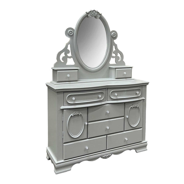 Primrose Gray Dresser with Floral Accent A light gray ornate dresser with an oval mirror, featuring multiple drawers and decorative carved details, isolated on a white background.