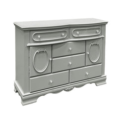 Primrose Gray Dresser with Floral Accent A light gray painted wooden dresser with ornate silver-tone drawer pulls and decorative oval cabinet doors, shown on a plain white background.