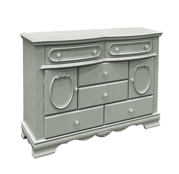 Primrose Gray Dresser with Floral Accent A light gray painted wooden dresser with ornate silver-tone drawer pulls and decorative oval cabinet doors, shown on a plain white background.