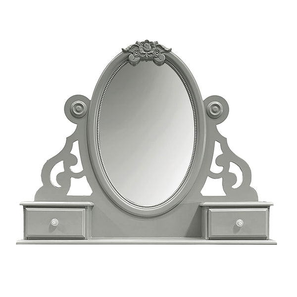 Primrose Gray Mirror with Floral Accent Gray decorative mirror with intricate designs on a white background