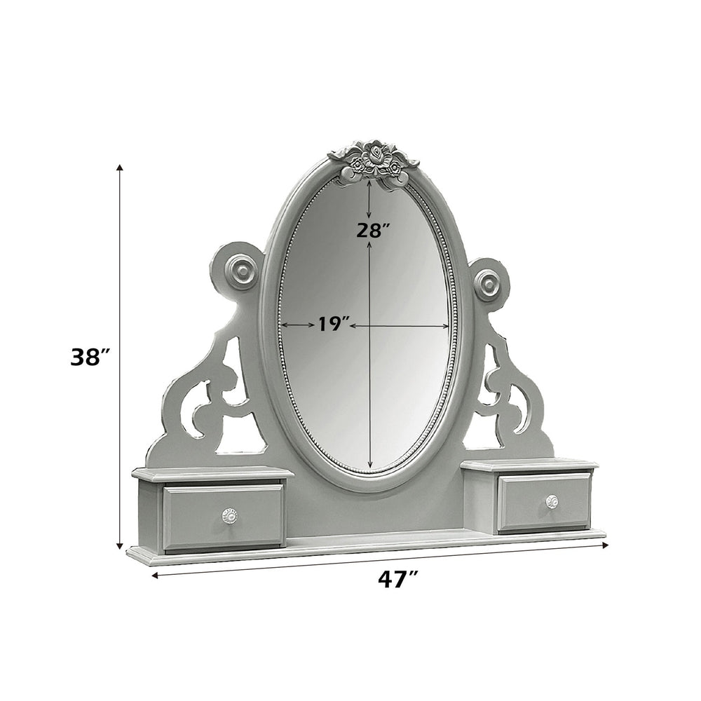 Primrose Gray Mirror with Floral Accent A silver vanity mirror with an ornate carved frame, featuring a central oval mirror and two small drawers on either side, shown against a plain white background.