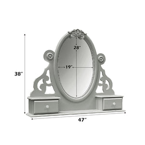 Primrose Gray Mirror with Floral Accent Gray vanity mirror with decorative frame and two drawers, showing dimensions on a white background.