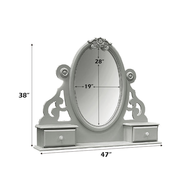 Primrose Gray Mirror with Floral Accent Gray vanity mirror with decorative frame and two drawers, showing dimensions on a white background.