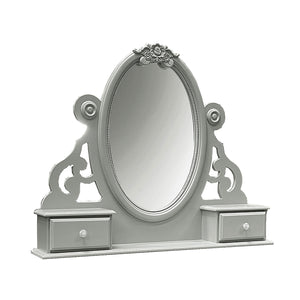 Primrose Gray Mirror with Floral Accent Gray vanity mirror with decorative frame and drawers on a white background