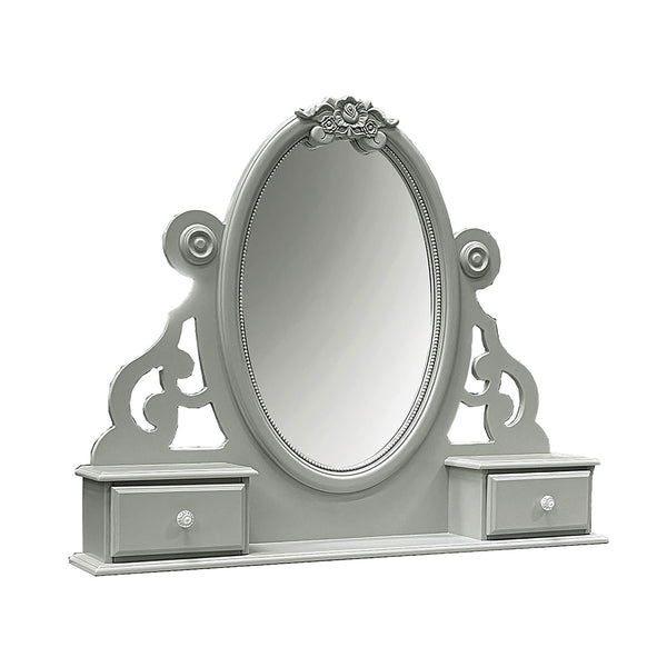 Primrose Gray Mirror with Floral Accent Gray vanity mirror with decorative frame and drawers on a white background