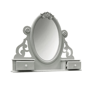 Primrose Gray Mirror with Floral Accent A silver vanity mirror with an ornate carved frame, featuring a central oval mirror and two small drawers on either side, shown against a plain white background.