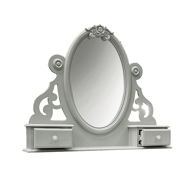 Primrose Gray Mirror with Floral Accent A silver vanity mirror with an ornate carved frame, featuring a central oval mirror and two small drawers on either side, shown against a plain white background.