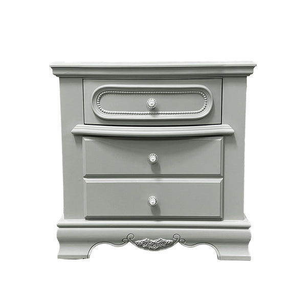 Primrose Gray Nightstand with Floral Accent Gray nightstand with decorative elements on a white background