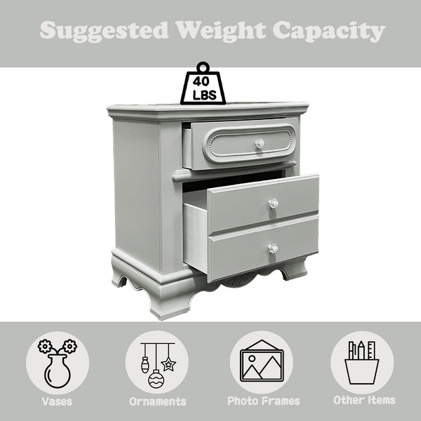 Primrose Gray Nightstand with Floral Accent A light gray two-drawer nightstand shown on a white background with a gray header and footer. The top header reads 'Suggested Weight Capacity' with a '40 LBS' weight icon placed above the furniture.