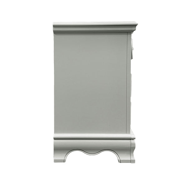 Primrose Gray Nightstand with Floral Accent A light gray painted wooden cabinet shown from the side against a plain white background.