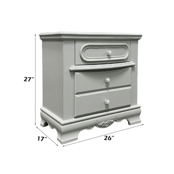 Primrose Gray Nightstand with Floral Accent A light gray three-drawer nightstand with decorative molding and silver knobs, shown with dimension lines indicating 27 inches tall, 17 inches wide, and 26 inches deep on a white background.