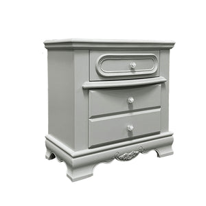 Primrose Gray Nightstand with Floral Accent Gray nightstand with decorative elements on a white background