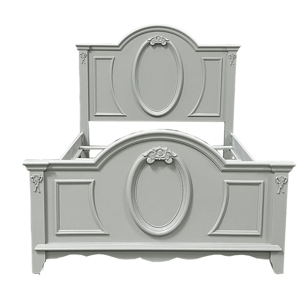 Primrose Gray Twin Bed Frame with Floral Accent Gray wooden bed with decorative headboard and footboard on a white background