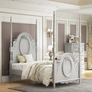 Primrose Gray Twin Bed Frame with Floral Accent Gray four-poster bed in a bedroom with mirrors and decor.
