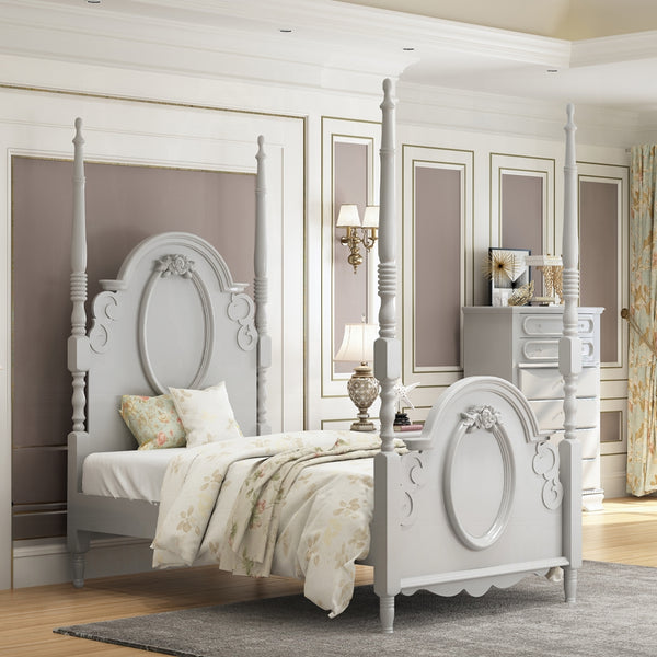 Primrose Gray Twin Bed Frame with Floral Accent Gray four-poster bed in a bedroom with mirrors and decor.