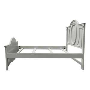 Primrose Gray Twin Bed Frame with Floral Accent Gray bed frame with decorative headboard on a white background