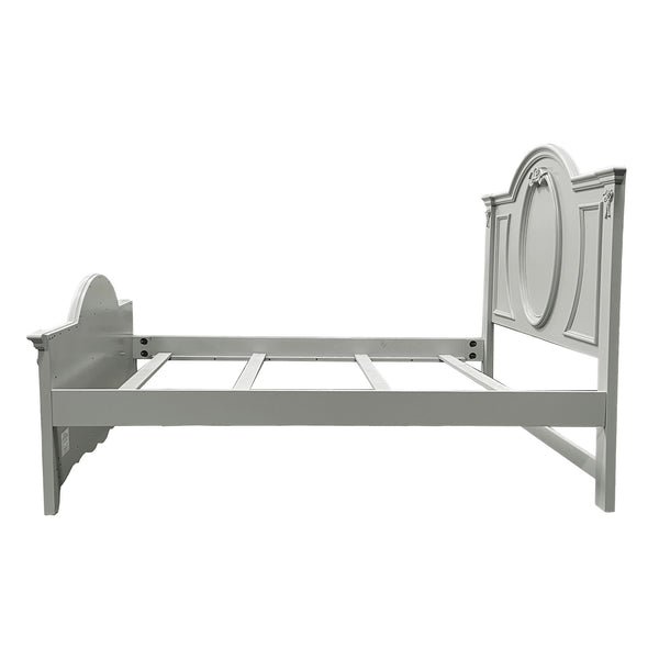 Primrose Gray Twin Bed Frame with Floral Accent Gray bed frame with decorative headboard on a white background
