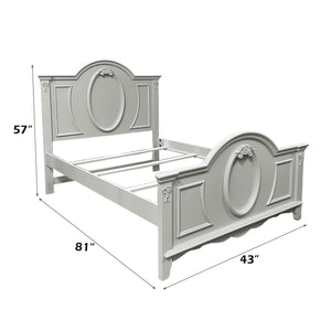 Primrose Gray Twin Bed Frame with Floral Accent A light gray wooden bed frame with ornate headboard and footboard, shown with dimension lines and labels indicating 57 inches tall, 81 inches wide, and 43 inches from the front.