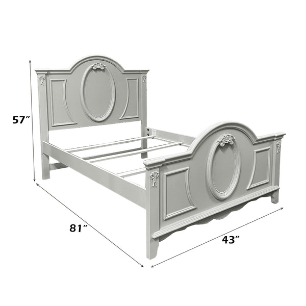 Primrose Gray Twin Bed Frame with Floral Accent A light gray wooden bed frame with ornate headboard and footboard, shown with dimension lines and labels indicating 57 inches tall, 81 inches wide, and 43 inches from the front.