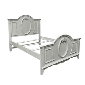 Primrose Gray Twin Bed Frame with Floral Accent Gray wooden bed frame with decorative elements on a white background
