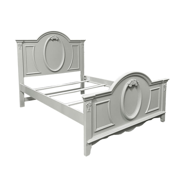 Primrose Gray Twin Bed Frame with Floral Accent Gray wooden bed frame with decorative elements on a white background