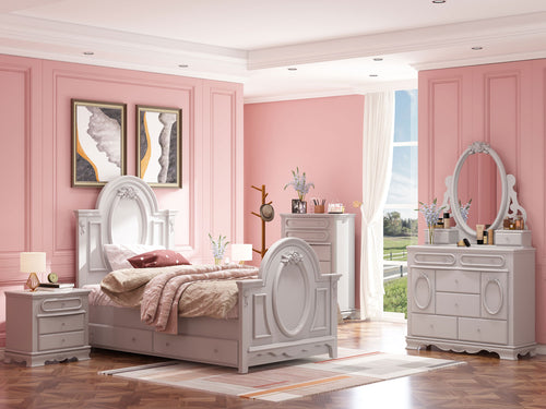 Primrose Gray Twin Bed Frame with Floral Accent A light gray bedroom furniture set including a bed frame, nightstand, dresser, and matching mirror, styled in a pink room with wood floors and decorative wall panels.