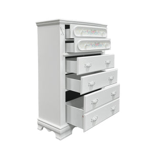 Primrose White Chest with Floral Accent White dresser with multiple drawers on a white background