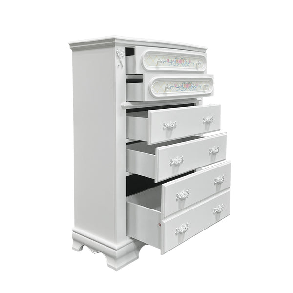 Primrose White Chest with Floral Accent White dresser with multiple drawers on a white background