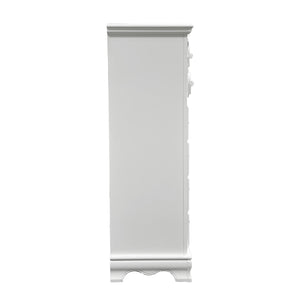 Primrose White Chest with Floral Accent A tall, narrow white cabinet or sideboard with decorative molding at the top and bottom, shown against a plain white background.