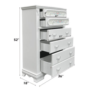 Primrose White Chest with Floral Accent White dresser with dimensions labeled on a white background