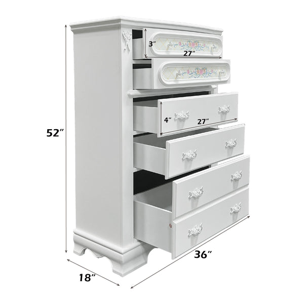 Primrose White Chest with Floral Accent White dresser with dimensions labeled on a white background