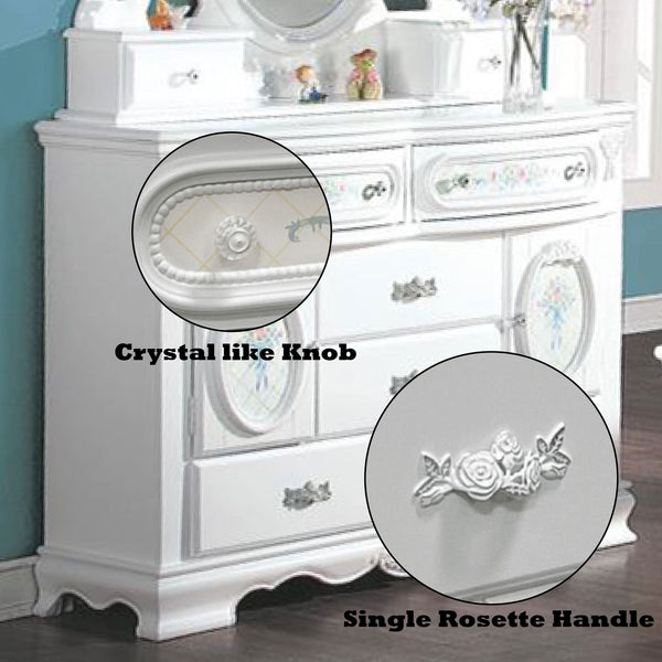Primrose White Dresser with Floral Accent White dresser with crystal-like knobs and single rosette handles in a room setting.