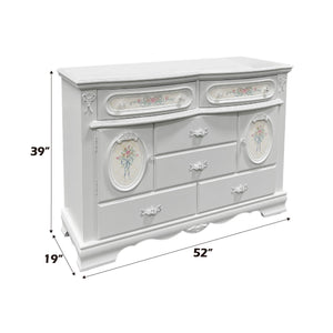 Primrose White Dresser with Floral Accent Gray dresser with floral designs and measurements on a white background