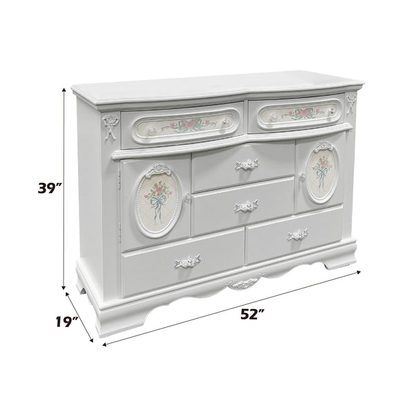 Primrose White Dresser with Floral Accent Gray dresser with floral designs and measurements on a white background