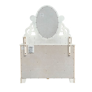 Primrose White Dresser with Floral Accent The back view of a white wooden vanity cabinet with an attached oval mirror and decorative headboard, showing the back panel, mounting brackets, and feet against a white background.