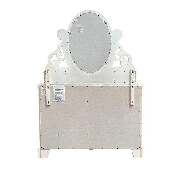 Primrose White Dresser with Floral Accent The back view of a white wooden vanity cabinet with an attached oval mirror and decorative headboard, showing the back panel, mounting brackets, and feet against a white background.