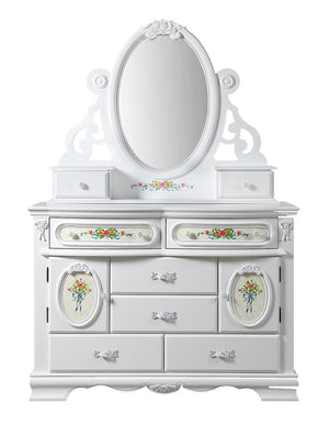 Primrose White Dresser with Floral Accent A white ornate dresser with an attached oval mirror, featuring multiple drawers, decorative floral accents, and carved details on a plain white background.
