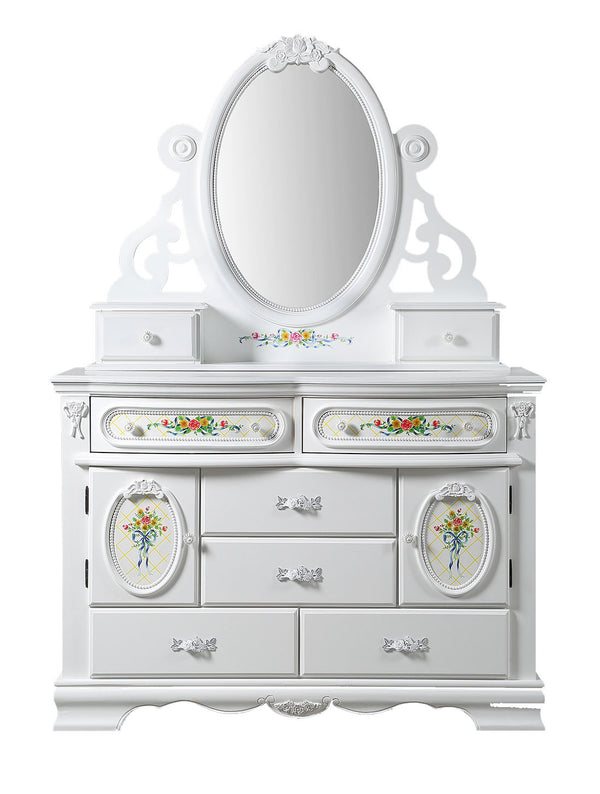 Primrose White Dresser with Floral Accent A white ornate dresser with an attached oval mirror, featuring multiple drawers, decorative floral accents, and carved details on a plain white background.