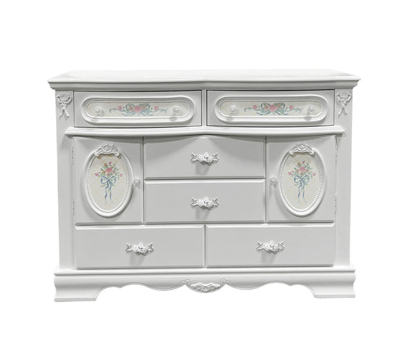 Primrose White Dresser with Floral Accent A white French-style dresser with ornate floral details and silver drawer pulls, isolated on a white background.