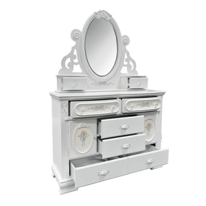 White dresser with mirror on a white background