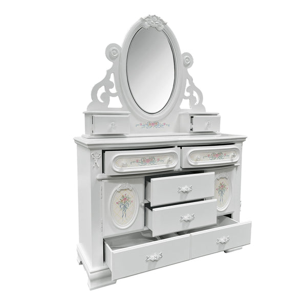 White dresser with mirror on a white background