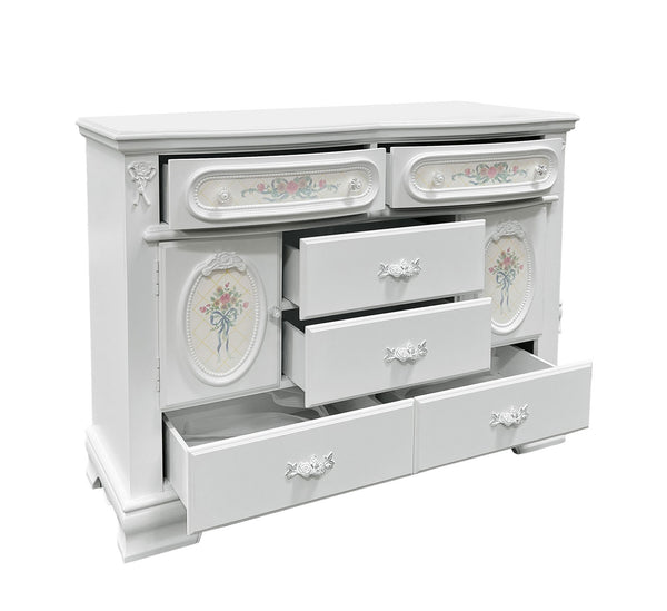 Primrose White Dresser with Floral Accent A white painted wooden dresser with multiple drawers and decorative floral oval panels, shown on a plain white background.