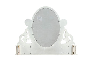 Primrose White Mirror with Floral Accent A white decorative wall mirror with an oval reflective center and ornate scrollwork sides, shown against a plain white background.