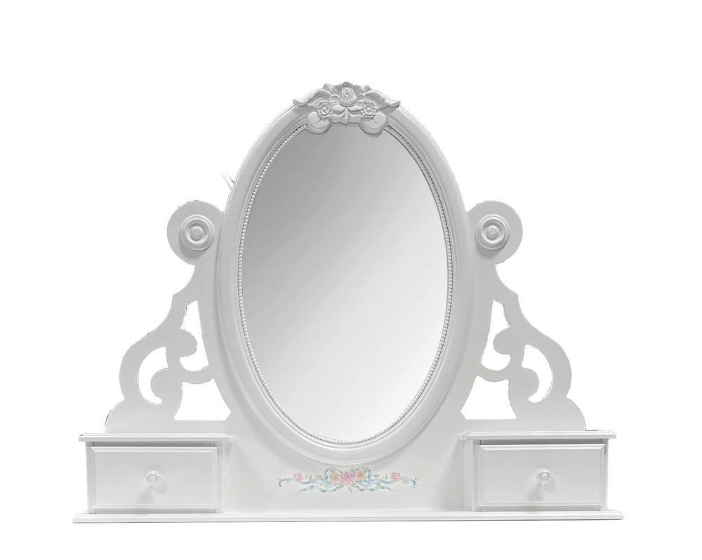 Primrose White Mirror with Floral Accent A white ornate vanity mirror table with two small drawers on either side of the oval mirror, featuring decorative scrollwork and a small floral detail near the bottom center.