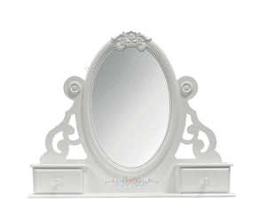 Primrose White Mirror with Floral Accent A white ornate vanity mirror with a decorative oval frame, featuring two small drawers on either side of the mirror and a small floral detail at the bottom center.