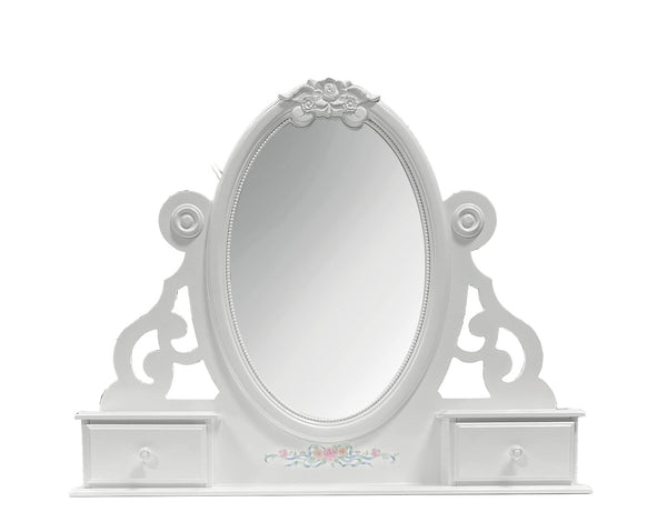 Primrose White Mirror with Floral Accent A white ornate vanity mirror with a decorative oval frame, featuring two small drawers on either side of the mirror and a small floral detail at the bottom center.